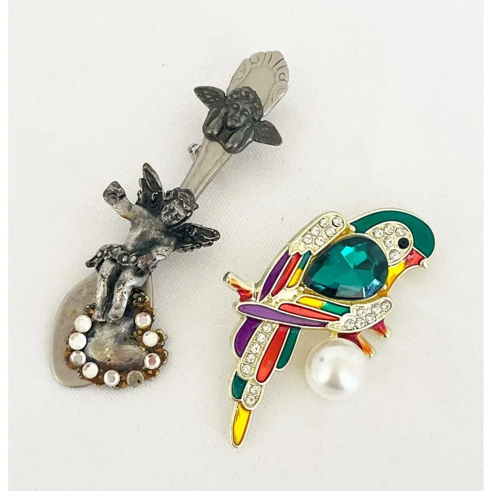 JEWELRY 10 BROOCHES Elephant Bicycle Spoon French Horn Starfish Crystal Gold Ge
